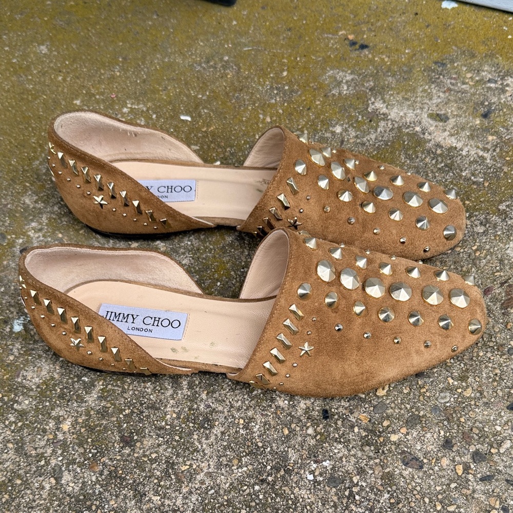Jimmy Choo Tan Suede Studded Flats with Gold Studs